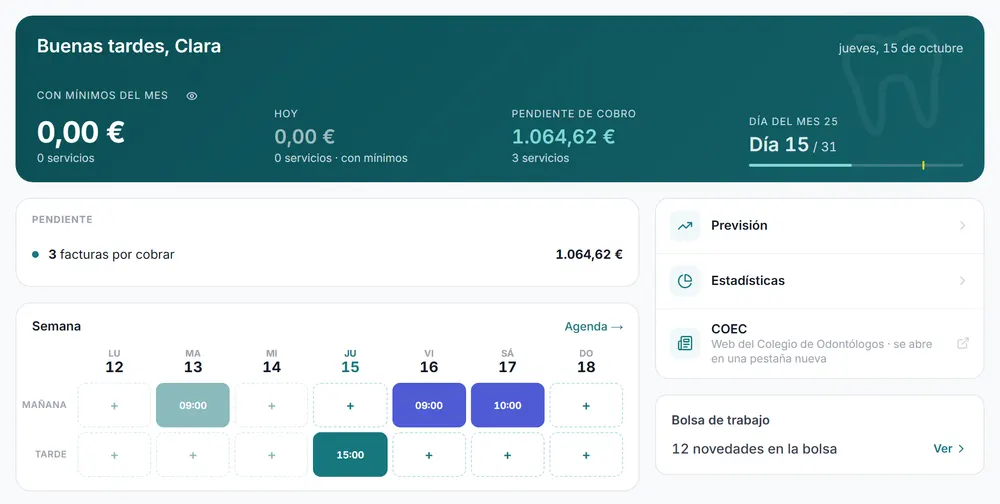 Captura del tauler de DentalColab amb dades de prova